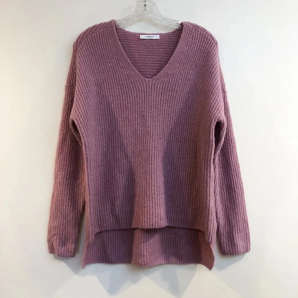 Moussy Pink V Neck Knit Designer Classic Pullover Jumper Sweater Women's OS